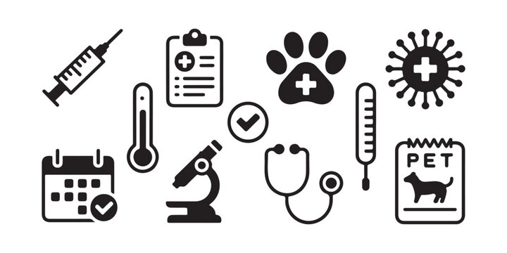 Pet health tracking and veterinary diagnostic icons set with microscope and medical examination paw.