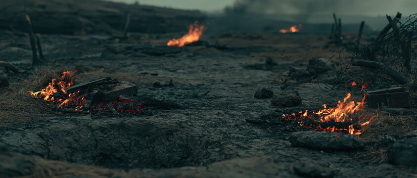 Burning battlefield with smoke, ash, and charred ground under dark sky, creating bleak war scene and intense destruction