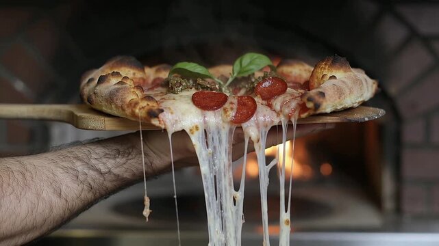 Sliding peel under pizza, chef rolled sleeve lifting it from brick oven, mozzarella ready to serve