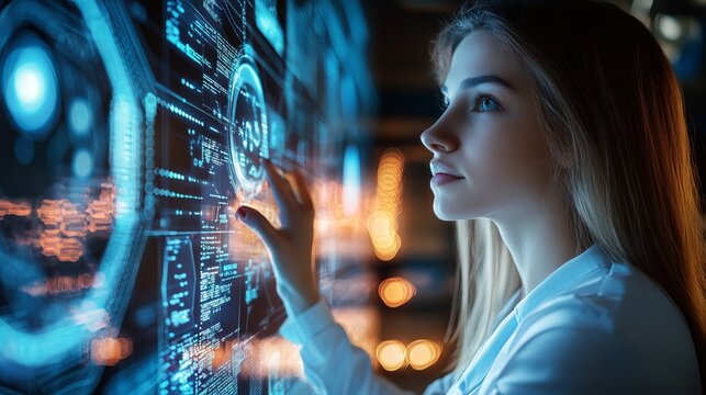 Young woman thoughtfully interacts with a glowing digital interface, representing advanced technology and innovation, a future concept