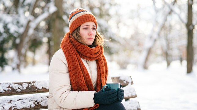 Person with a sad expression in winter sitting on a bench  