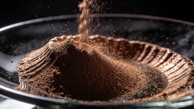 Pouring copper powder stream forming mound inside clear dish on studio table, creating ripples