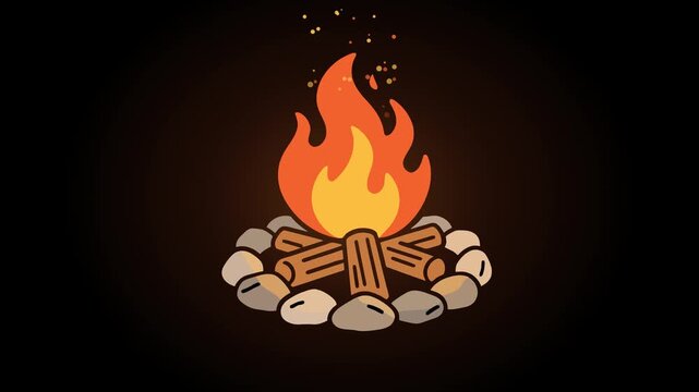 Campfire Animation with Burning Flames and Floating Embers Footage. Looping animation isolated on a dark background. Ideal for outdoor camping, bonfire night, survival.