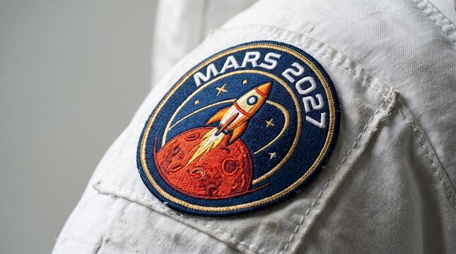 Close up of an embroidered space mission patch with mars 2027 text on a white suit space travel red planet outer space embroidery astronaut exploration clothing