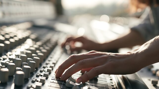 A sound engineer's hands adjust faders on an audio mixing console with warm backlighting, isolated on transparent background. Ideal for music production, broadcast, or audio.