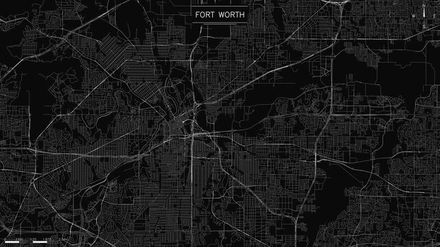 minimalist map of Fort Worth, detailed white road network with flowing traffic trails against a sleek black background