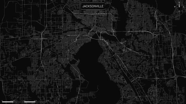 map of Jacksonville displays an intricate white street network against a deep black background.