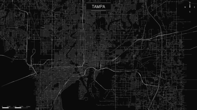 Tampa street map grid features pulsing light trails representing traffic flow across city, loopable minimalist animation