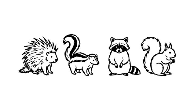 Simple doodle line art gracefully displaying cute hedgehog standing squirrel and happy little chipmunk