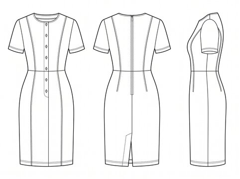 a flat vector line illustration of a women's short sleeve buttoned dress technical fashion sketch