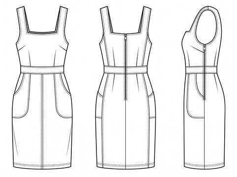 a flat vector line illustration of a women's square neck sleeveless dress technical fashion sketch