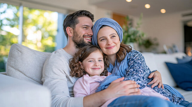 Caring family of three seated together on a cozy light-colored sofa, father holding his daughter while mother in a soft blue headscarf embraces them both, faces turned away and intentionally cropped