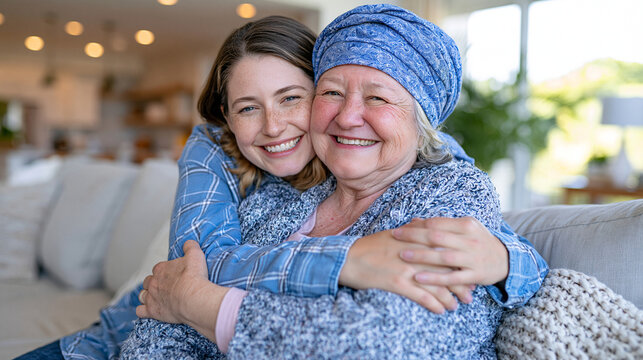Elderly mother in a soft blue headscarf embraced from behind by her loving adult daughter, both seated together in a warm sunlit living room, faces turned toward the window and intentionally exclude