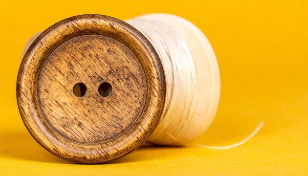 Rustic wooden sewing button, natural brown timber garment fastener, vintage round wood button for craft and tailoring projects isolated on solid yellow background