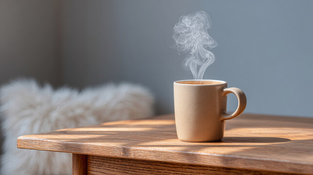 A steaming mug of hot coffee or tea on a wooden table with smoke rising from it, conveying warmth and comfort in the morning routine
