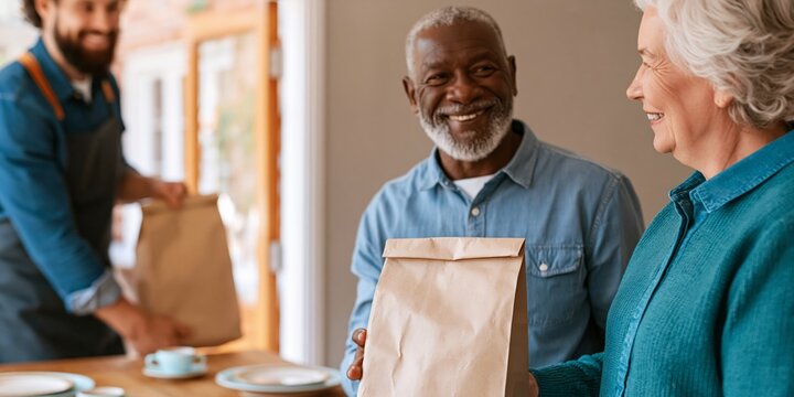 Senior couple receiving takeout food order
