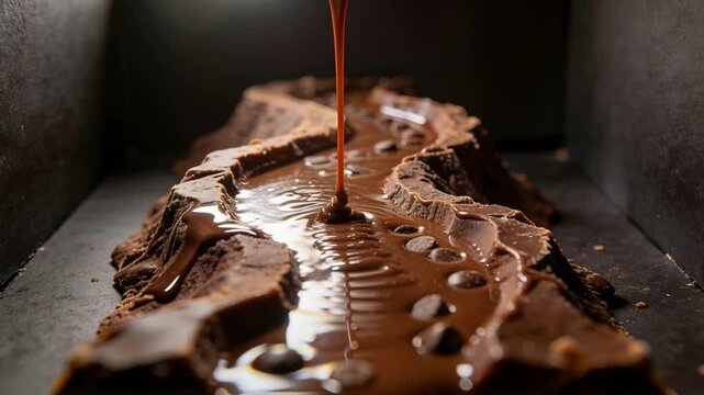 Pouring melted chocolate stream from ladle striking groove inside dark box, coating slab chips
