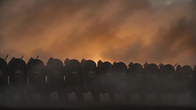 Armored soldiers march in a shield wall through smoke beneath a glowing sky