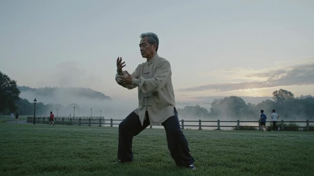 Moving senior Asian man practicing slow tai chi on dew lawn, sunrise inspiring routine with jacket