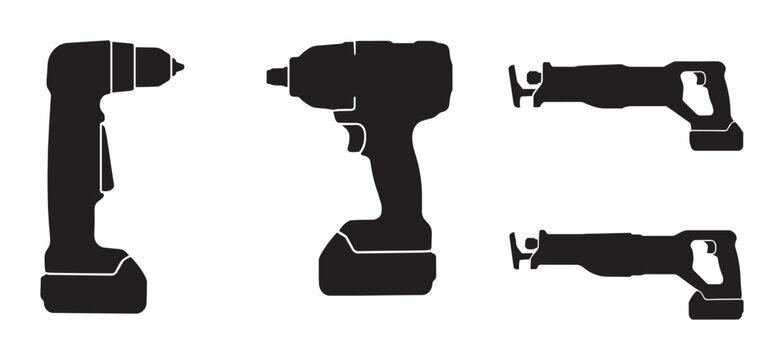 Cordless Power Tools Collection: Drill, Impact Driver, Reciprocating Saws, Silhouette Icons for Construction, DIY, and Industrial Concepts