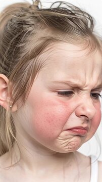 Close-up portrait of a cute little girl with a funny angry and stubborn expression, messy hair, isolated on a white background