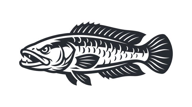 Aggressive channa snakehead fish vector illustration, fierce predator fish vintage engraving style isolated on white background