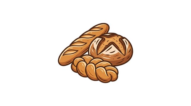 A vector illustration of a bakery bread assortment featuring a freshly baked baguette, a rustic round sourdough loaf with scored crust, and a traditional braided brioche pastry