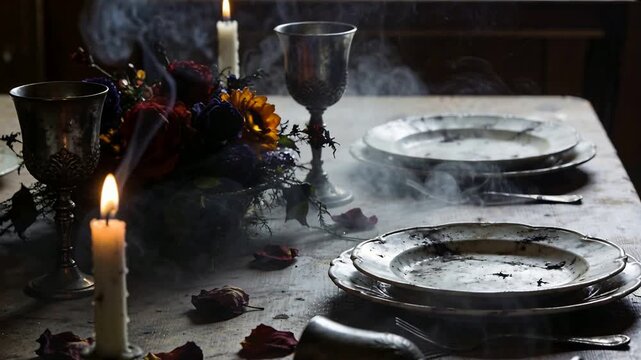 Flickering taper candle on dining table burning, sending smoke veiling fallen goblet and plates