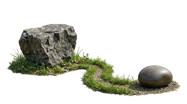 Isolated jagged granite rock and smooth river stone connected by a small winding grass path transparent background