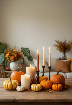 Autumn home decor and thanksgiving celebration, pumpkins and lit candles on a wooden table in a cozy living room with fall foliage and warm lighting