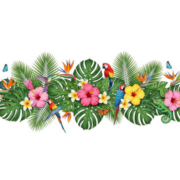 Decorative Detailed Tropical Border with Exotic Birds and Flowers Illustration