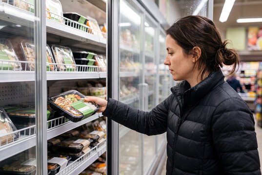 Customer Choosing Prepackaged Meal from Refrigerator in Grocery Store