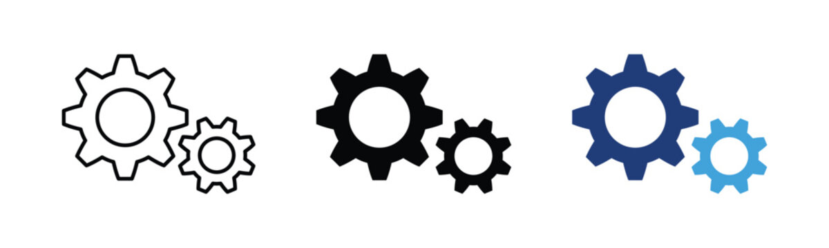 Setting gear icon. Cog symbol representing process control, workflow, leadership, system management. Transparent PNG and vector