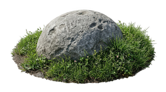 Isolated large natural grey boulder surrounded by green grass and small clover plants on dirt ground transparent background