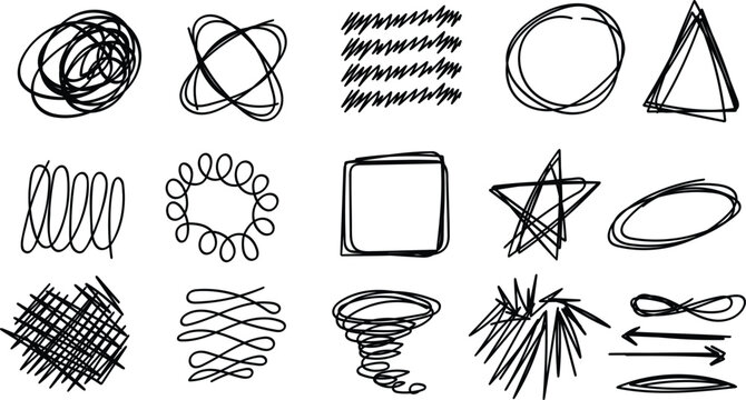 Set of hand drawn scribble shapes, circles, squares, triangles, stars, and arrows