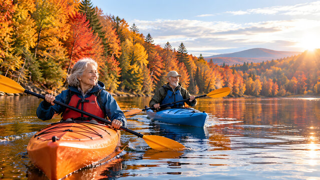Senior couple paddles kayaks along calm river surrounded by autumn forest landscape.