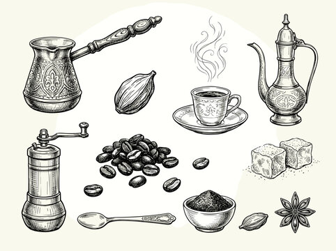 Hand drawn black ink sketch of turkish coffee cezve, brass pot, cup, and grinder, isolated on white background