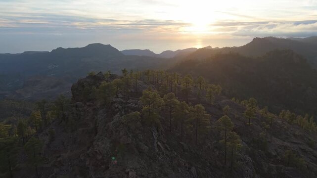 Captivating aerial drone shot pushing in over the rugged volcanic peaks and pine forests of Gran Canaria at sunset. Distant ocean views complement the golden hour glow.