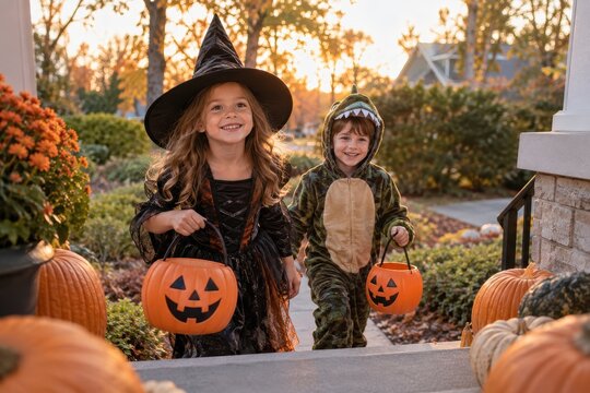 children approaching porch with pumpkins