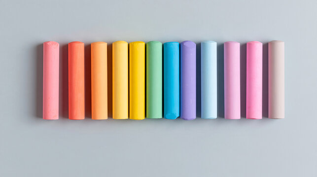 Flat lay of pastel chalk sticks arranged in gradient order on a soft gray background, artistic minimalism, with copy space