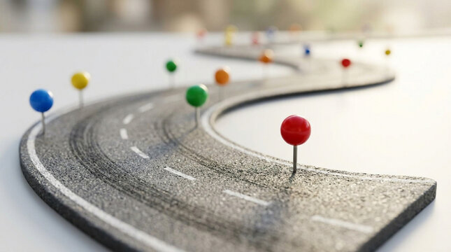Curving road with colorful pins marking path, representing journey and destination.