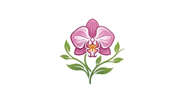 Elegant and modern vector logo design featuring a stylized pink and purple orchid flower with symmetrical green leaves and branches below