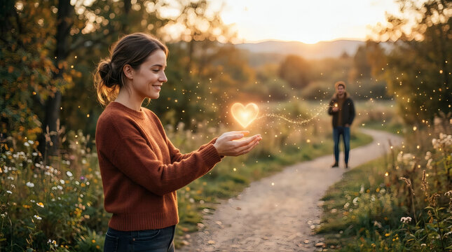 Young Woman Holding Glowing Heart While Man Walks Toward Her on Autumn Sunset Path
