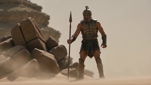 Armored warrior raises spear and stands beside a rocky outcrop in desert