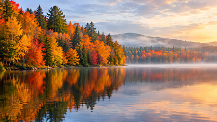 Fototapeta premium Vibrant autumn trees reflect on calm lake surface under misty morning sky.