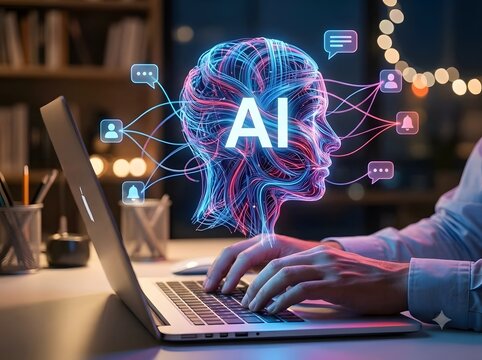 Artificial intelligence concept with human head outline and laptop in home office