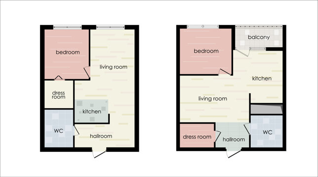 Set of colored floor plans top view for interior design. Architectural plans of apartments. Vector kit of layout from above of apartments with kitchen, bedroom, bathroom, living room. Design element