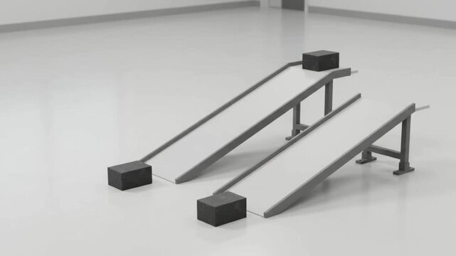 Two ramps with dark blocks, set up for a physics experiment demonstrating motion and energy on inclined planes.