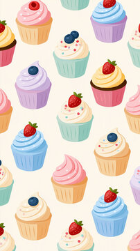 Seamless cupcake pattern featuring colorful frosting, berries and pastel wrappers on a light background, sweet bakery illustration design, with copy space