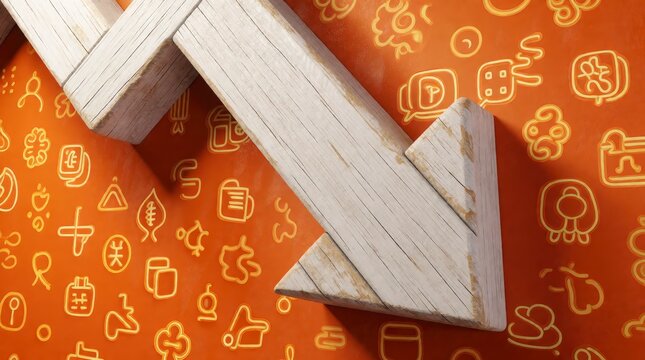 Wooden arrow pointing down on an orange background with hand drawn icons and copy space